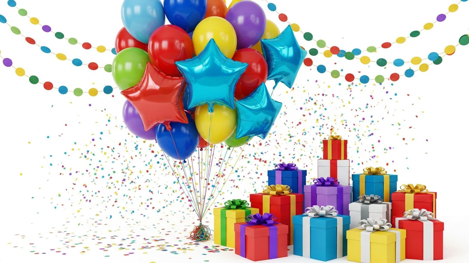 Artículos de fiesta: globos, confeti, guirnaldas y regalos