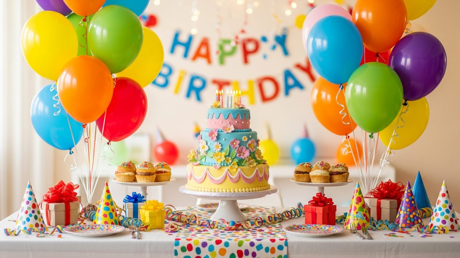 Mesa de cumpleaños con globos de colores, pastel y decoración
