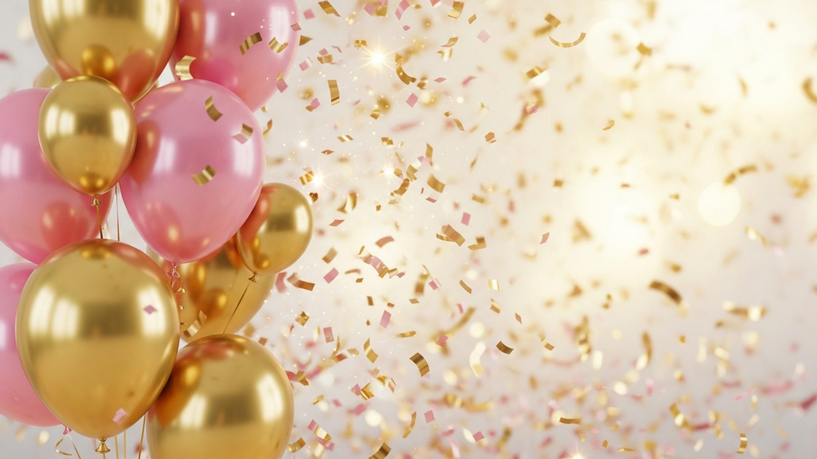 Globos dorados y rosas con confeti cayendo, ambiente de celebración