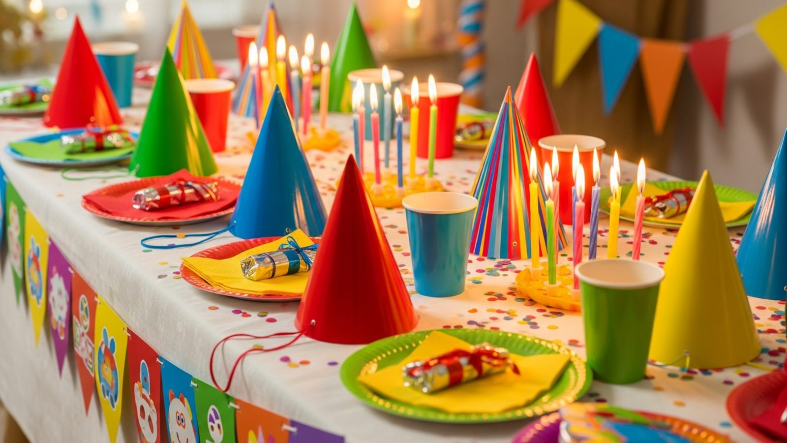 Mesa con gorritos, velas, banderines y vajilla de colores